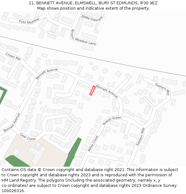 21, BENNETT AVENUE, ELMSWELL, BURY ST EDMUNDS, IP30 9EZ: Location map and indicative extent of plot