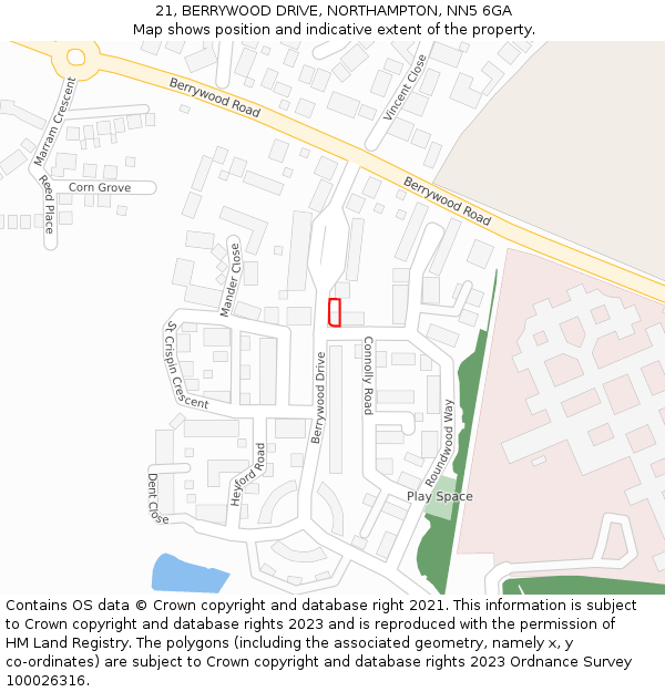 21, BERRYWOOD DRIVE, NORTHAMPTON, NN5 6GA: Location map and indicative extent of plot