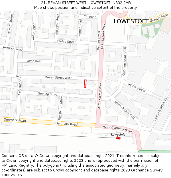 21, BEVAN STREET WEST, LOWESTOFT, NR32 2AB: Location map and indicative extent of plot