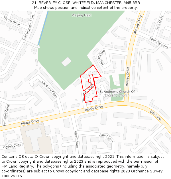 21, BEVERLEY CLOSE, WHITEFIELD, MANCHESTER, M45 8BB: Location map and indicative extent of plot