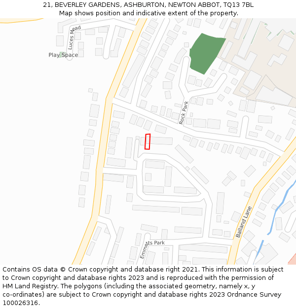 21, BEVERLEY GARDENS, ASHBURTON, NEWTON ABBOT, TQ13 7BL: Location map and indicative extent of plot