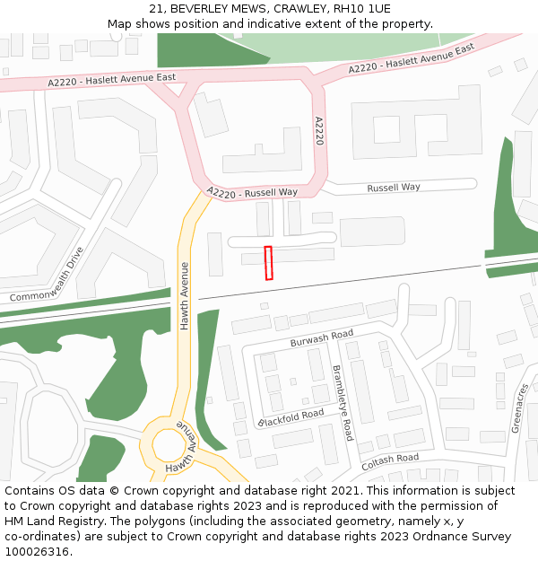 21, BEVERLEY MEWS, CRAWLEY, RH10 1UE: Location map and indicative extent of plot