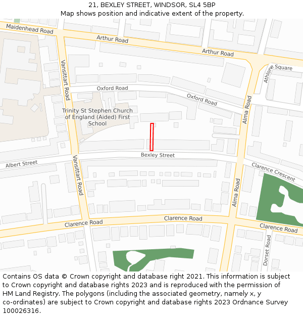 21, BEXLEY STREET, WINDSOR, SL4 5BP: Location map and indicative extent of plot
