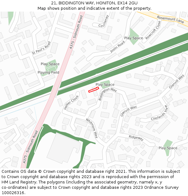 21, BIDDINGTON WAY, HONITON, EX14 2GU: Location map and indicative extent of plot