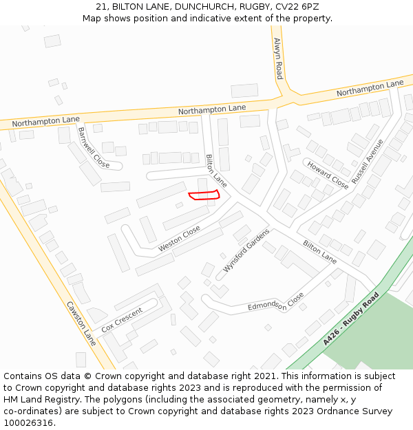 21, BILTON LANE, DUNCHURCH, RUGBY, CV22 6PZ: Location map and indicative extent of plot