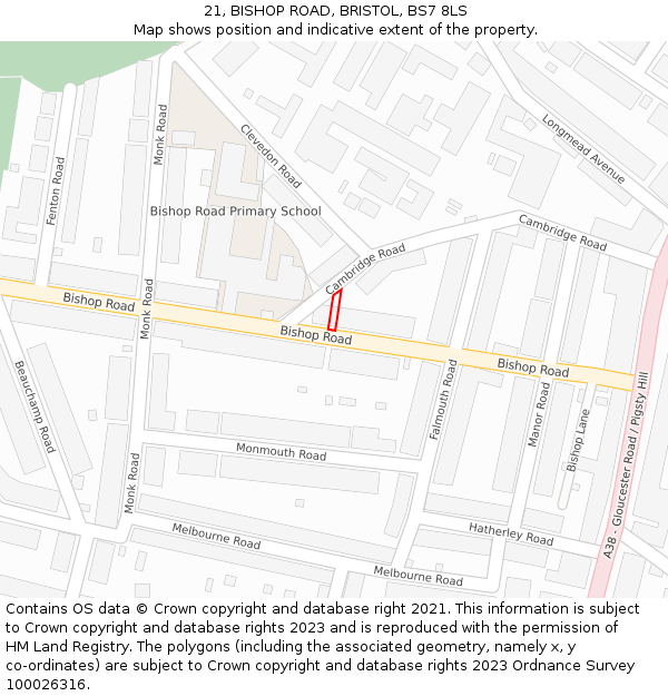 21, BISHOP ROAD, BRISTOL, BS7 8LS: Location map and indicative extent of plot