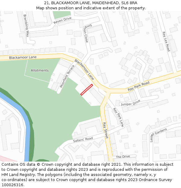 21, BLACKAMOOR LANE, MAIDENHEAD, SL6 8RA: Location map and indicative extent of plot
