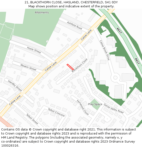 21, BLACKTHORN CLOSE, HASLAND, CHESTERFIELD, S41 0DY: Location map and indicative extent of plot