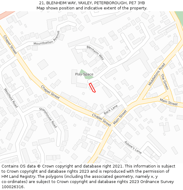 21, BLENHEIM WAY, YAXLEY, PETERBOROUGH, PE7 3YB: Location map and indicative extent of plot