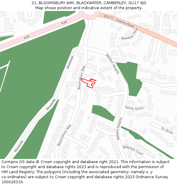 21, BLOOMSBURY WAY, BLACKWATER, CAMBERLEY, GU17 9JG: Location map and indicative extent of plot