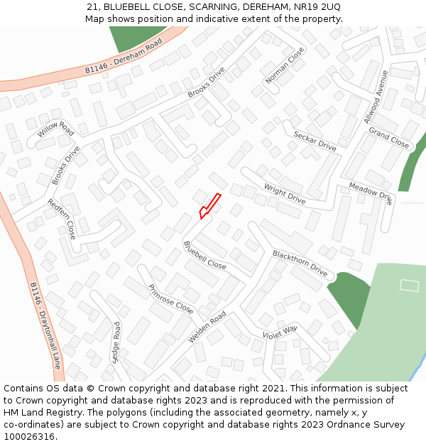 21, BLUEBELL CLOSE, SCARNING, DEREHAM, NR19 2UQ: Location map and indicative extent of plot