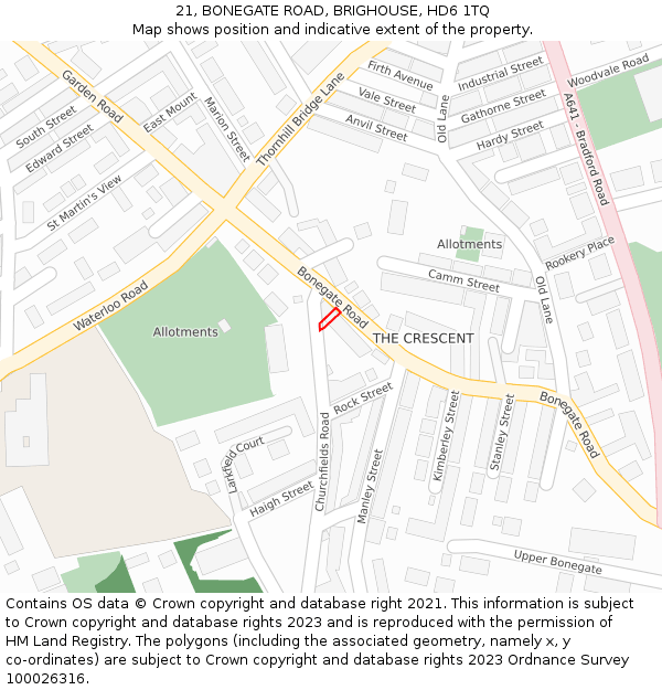 21, BONEGATE ROAD, BRIGHOUSE, HD6 1TQ: Location map and indicative extent of plot