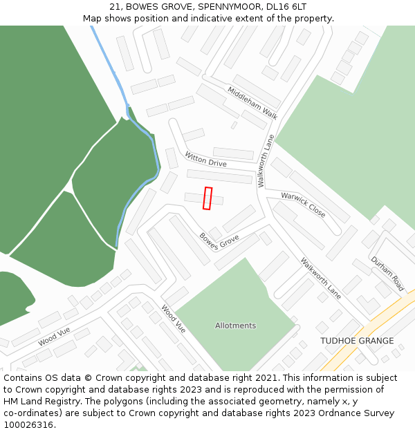 21, BOWES GROVE, SPENNYMOOR, DL16 6LT: Location map and indicative extent of plot