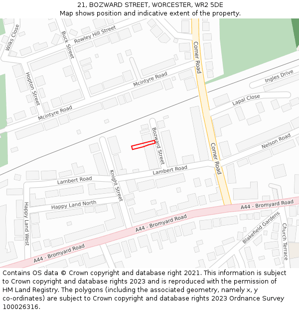 21, BOZWARD STREET, WORCESTER, WR2 5DE: Location map and indicative extent of plot