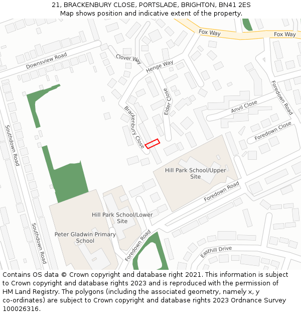 21, BRACKENBURY CLOSE, PORTSLADE, BRIGHTON, BN41 2ES: Location map and indicative extent of plot