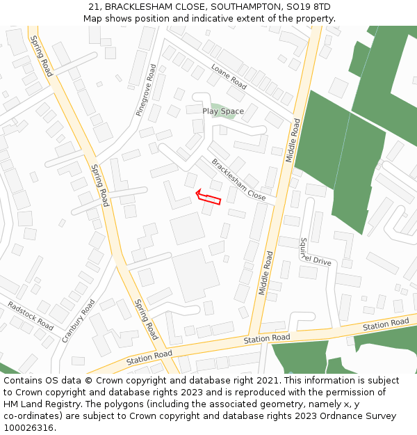 21, BRACKLESHAM CLOSE, SOUTHAMPTON, SO19 8TD: Location map and indicative extent of plot