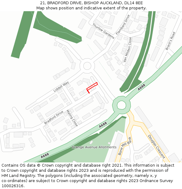 21, BRADFORD DRIVE, BISHOP AUCKLAND, DL14 8EE: Location map and indicative extent of plot
