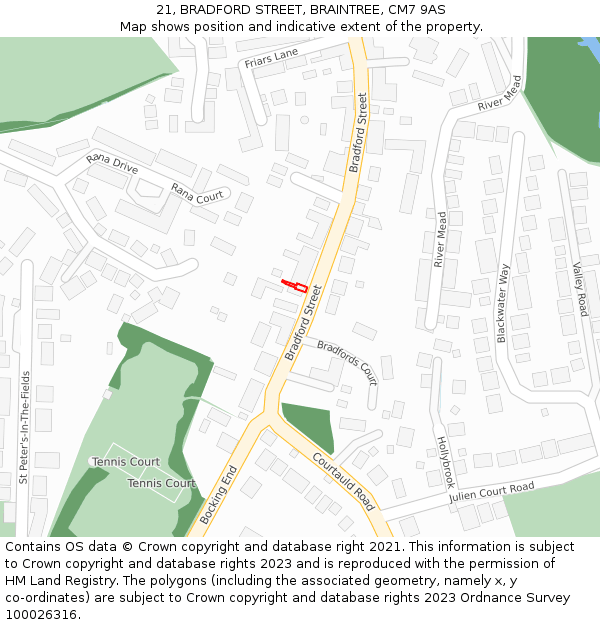 21, BRADFORD STREET, BRAINTREE, CM7 9AS: Location map and indicative extent of plot