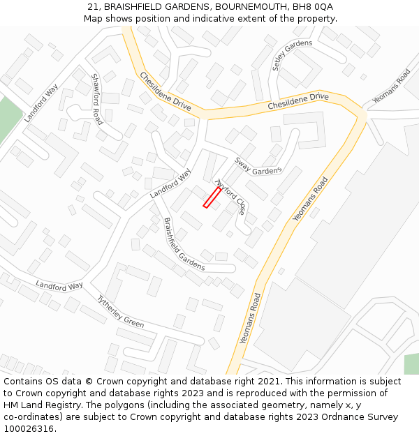 21, BRAISHFIELD GARDENS, BOURNEMOUTH, BH8 0QA: Location map and indicative extent of plot
