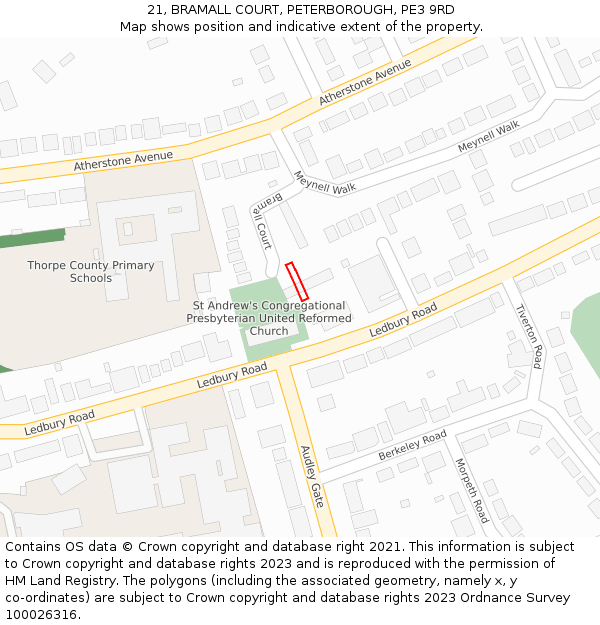 21, BRAMALL COURT, PETERBOROUGH, PE3 9RD: Location map and indicative extent of plot