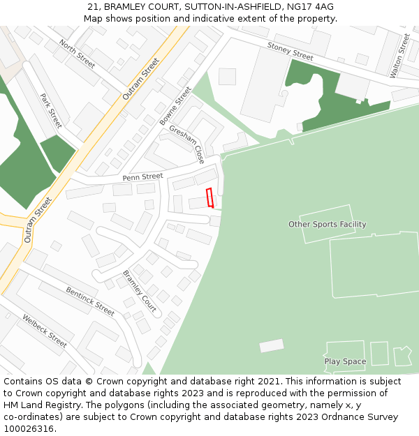 21, BRAMLEY COURT, SUTTON-IN-ASHFIELD, NG17 4AG: Location map and indicative extent of plot
