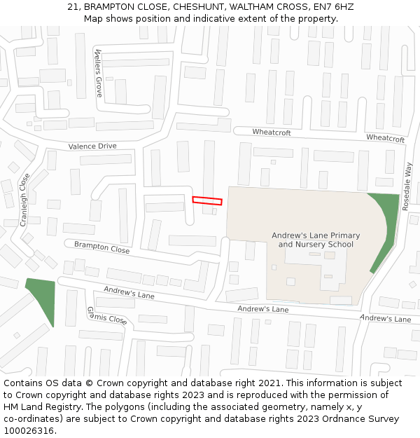 21, BRAMPTON CLOSE, CHESHUNT, WALTHAM CROSS, EN7 6HZ: Location map and indicative extent of plot