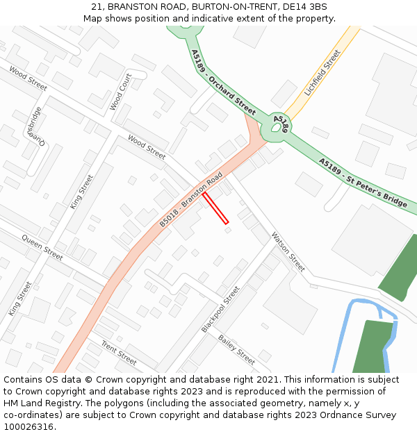 21, BRANSTON ROAD, BURTON-ON-TRENT, DE14 3BS: Location map and indicative extent of plot