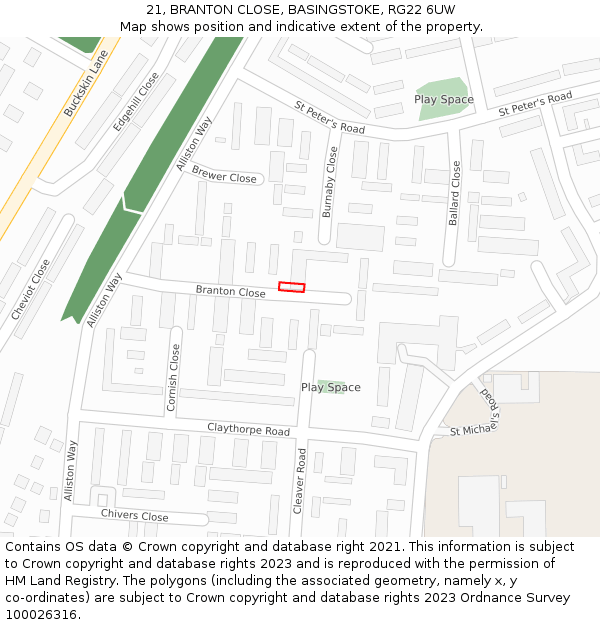 21, BRANTON CLOSE, BASINGSTOKE, RG22 6UW: Location map and indicative extent of plot
