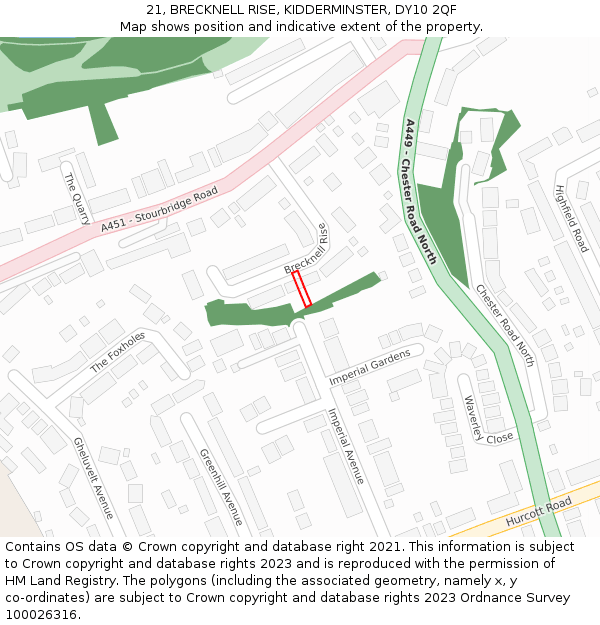 21, BRECKNELL RISE, KIDDERMINSTER, DY10 2QF: Location map and indicative extent of plot