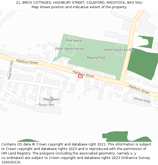 21, BRICK COTTAGES, HIGHBURY STREET, COLEFORD, RADSTOCK, BA3 5NU: Location map and indicative extent of plot