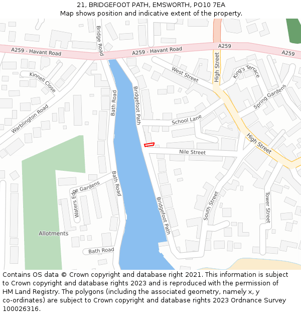 21, BRIDGEFOOT PATH, EMSWORTH, PO10 7EA: Location map and indicative extent of plot