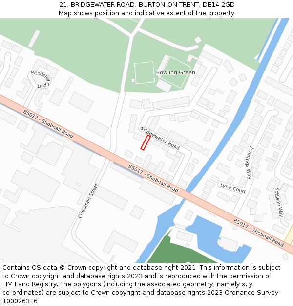21, BRIDGEWATER ROAD, BURTON-ON-TRENT, DE14 2GD: Location map and indicative extent of plot