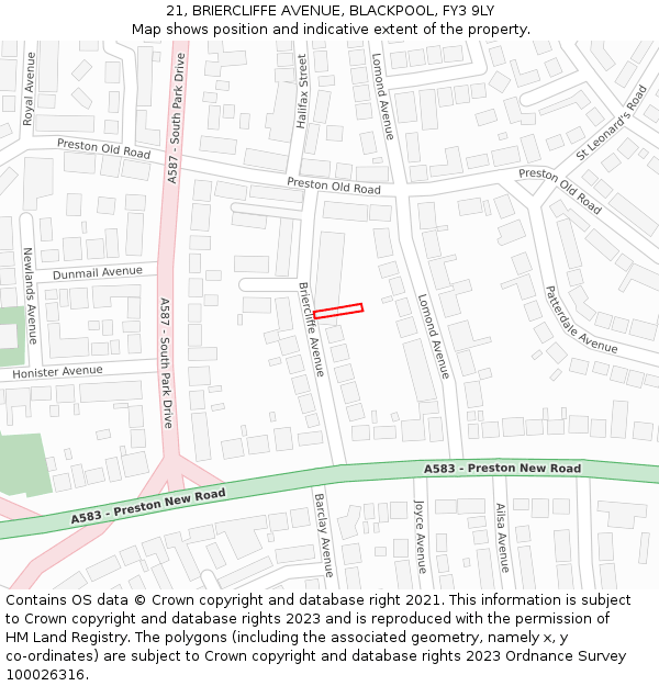 21, BRIERCLIFFE AVENUE, BLACKPOOL, FY3 9LY: Location map and indicative extent of plot