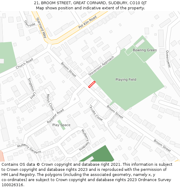 21, BROOM STREET, GREAT CORNARD, SUDBURY, CO10 0JT: Location map and indicative extent of plot