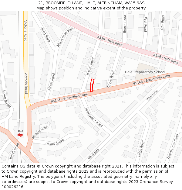 21, BROOMFIELD LANE, HALE, ALTRINCHAM, WA15 9AS: Location map and indicative extent of plot