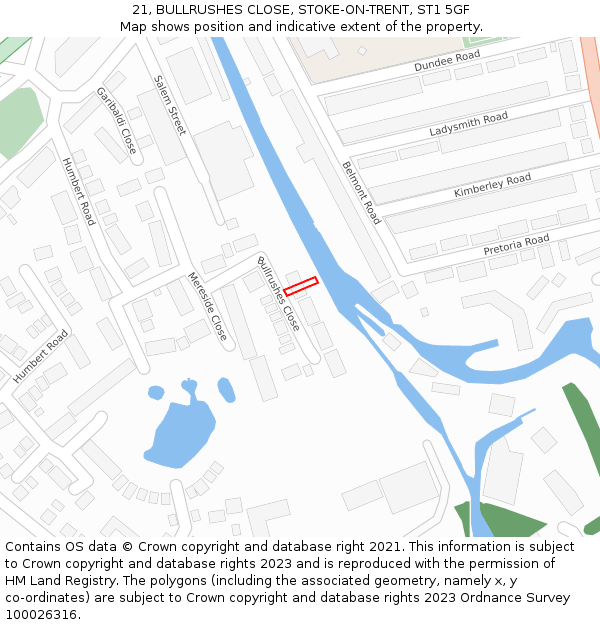21, BULLRUSHES CLOSE, STOKE-ON-TRENT, ST1 5GF: Location map and indicative extent of plot