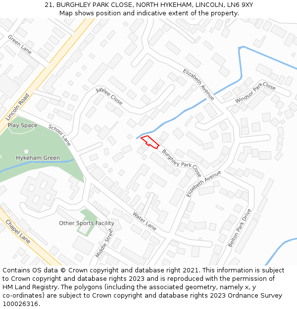 21, BURGHLEY PARK CLOSE, NORTH HYKEHAM, LINCOLN, LN6 9XY: Location map and indicative extent of plot