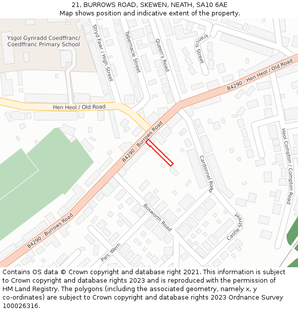 21, BURROWS ROAD, SKEWEN, NEATH, SA10 6AE: Location map and indicative extent of plot