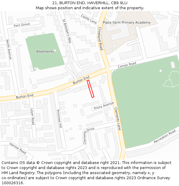 21, BURTON END, HAVERHILL, CB9 9LU: Location map and indicative extent of plot