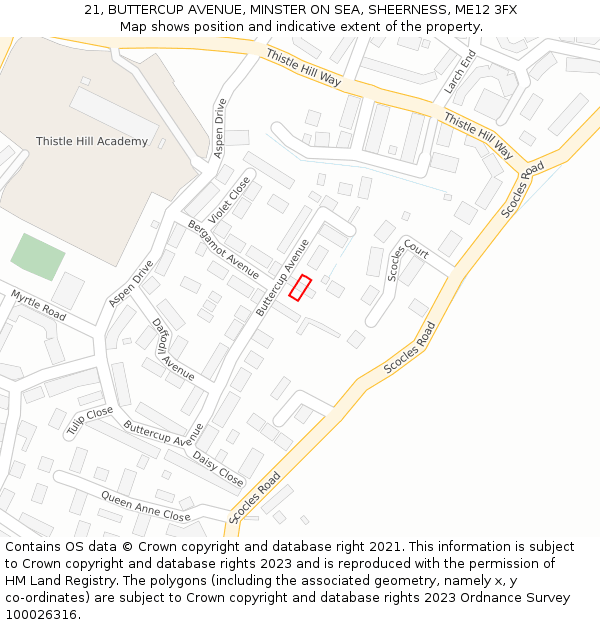 21, BUTTERCUP AVENUE, MINSTER ON SEA, SHEERNESS, ME12 3FX: Location map and indicative extent of plot