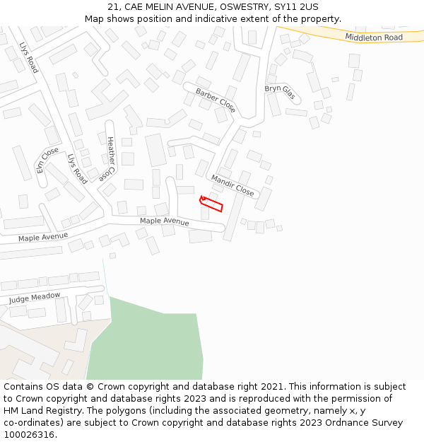 21, CAE MELIN AVENUE, OSWESTRY, SY11 2US: Location map and indicative extent of plot