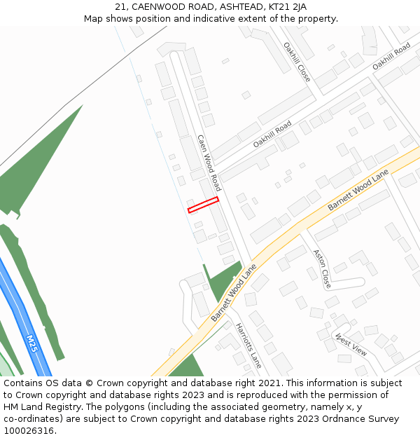 21, CAENWOOD ROAD, ASHTEAD, KT21 2JA: Location map and indicative extent of plot