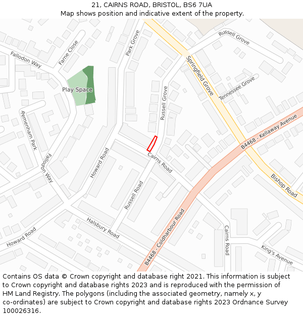 21, CAIRNS ROAD, BRISTOL, BS6 7UA: Location map and indicative extent of plot