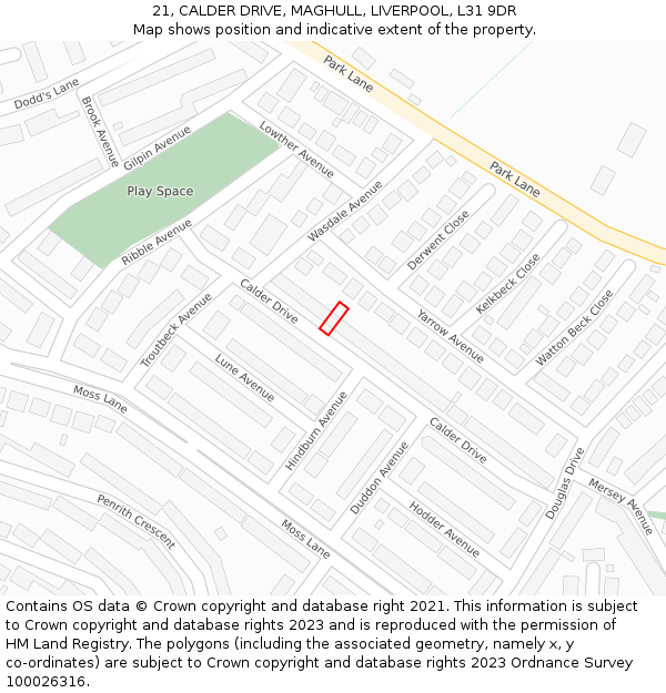 21, CALDER DRIVE, MAGHULL, LIVERPOOL, L31 9DR: Location map and indicative extent of plot