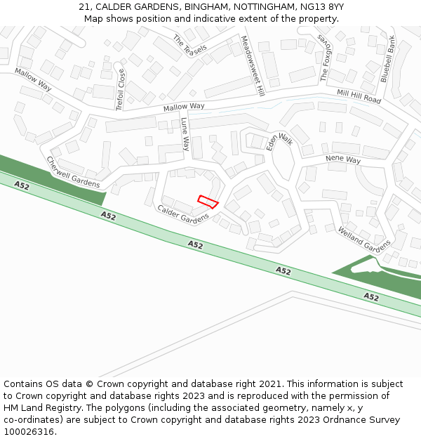 21, CALDER GARDENS, BINGHAM, NOTTINGHAM, NG13 8YY: Location map and indicative extent of plot
