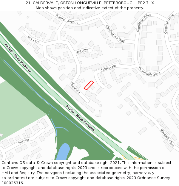 21, CALDERVALE, ORTON LONGUEVILLE, PETERBOROUGH, PE2 7HX: Location map and indicative extent of plot