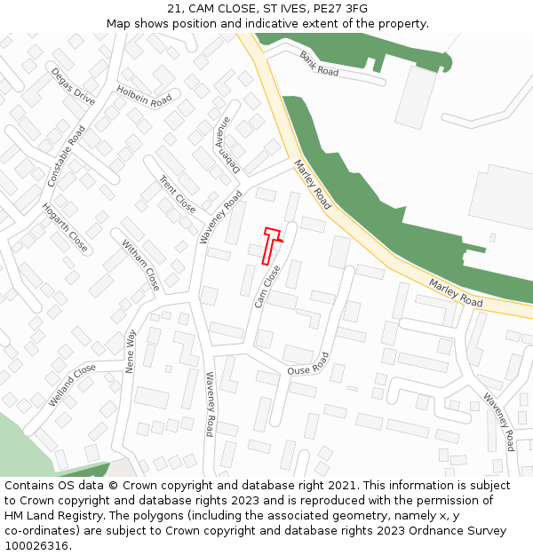 21, CAM CLOSE, ST IVES, PE27 3FG: Location map and indicative extent of plot