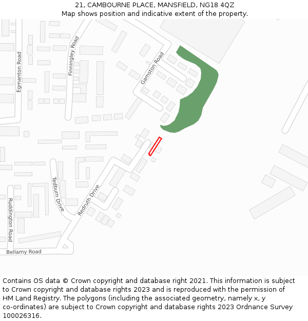 21, CAMBOURNE PLACE, MANSFIELD, NG18 4QZ: Location map and indicative extent of plot