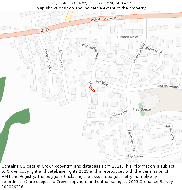 21, CAMELOT WAY, GILLINGHAM, SP8 4SY: Location map and indicative extent of plot