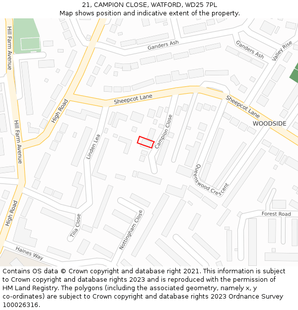 21, CAMPION CLOSE, WATFORD, WD25 7PL: Location map and indicative extent of plot